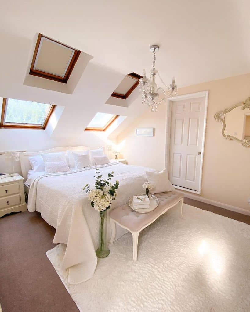 white farmhouse attic bedroom with skylights 