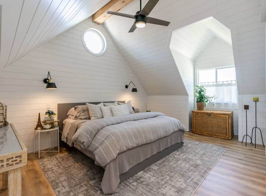 white shiplap wall small master bedroom attic 