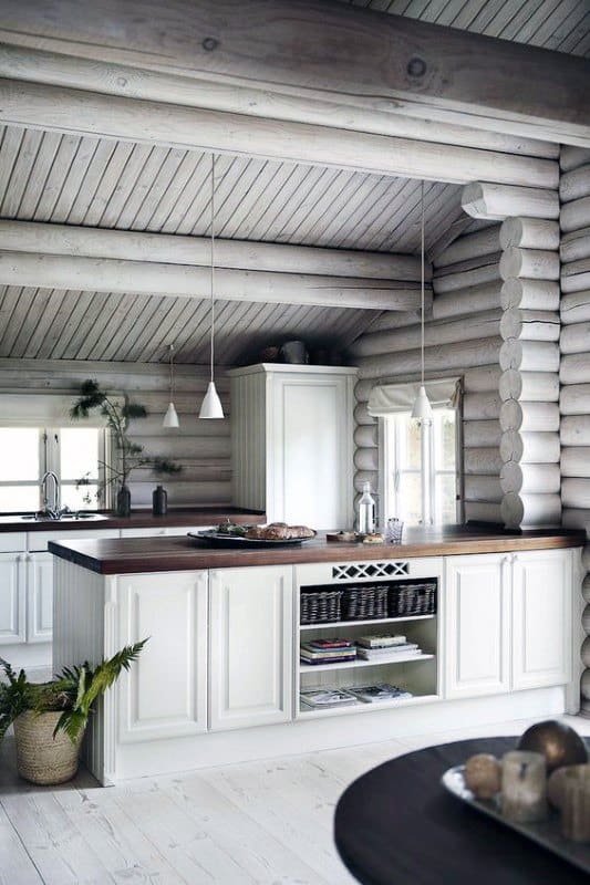 all-white log cabin 