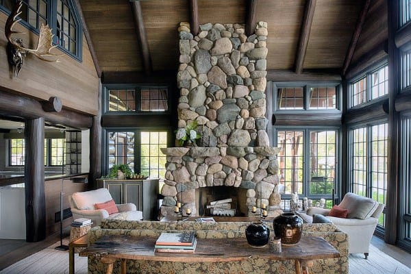 Log Cabin Sunroom Ideas With Stone Fireplace Design
