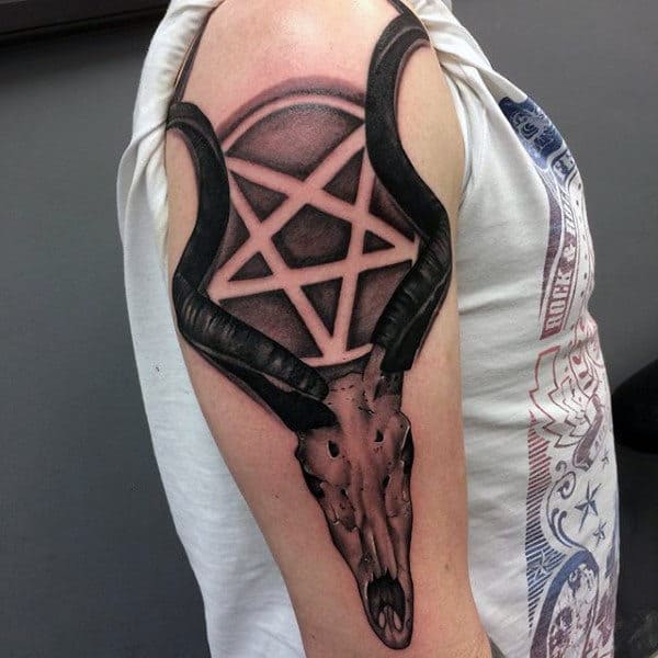 Long Black Horned Animal And Pentagram Tattoo Male Arms
