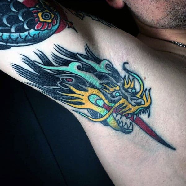 Long Green Tongued Dragon Tattoo Guys Armpit Ideas