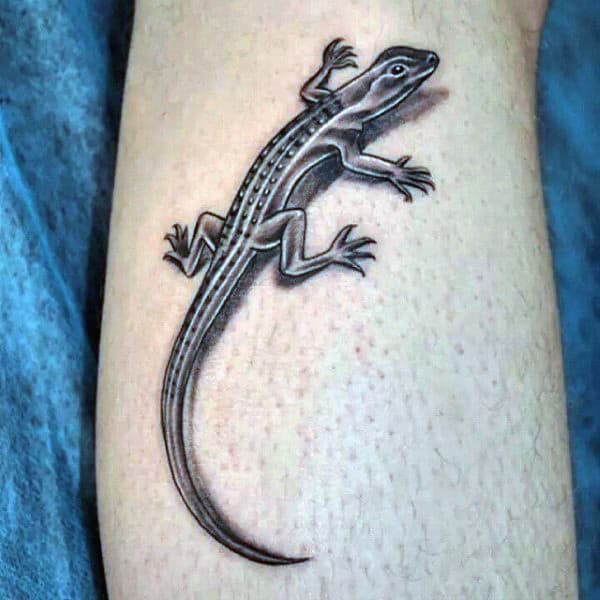 Long Tailed Lizard Tattoo On Legs For Guys