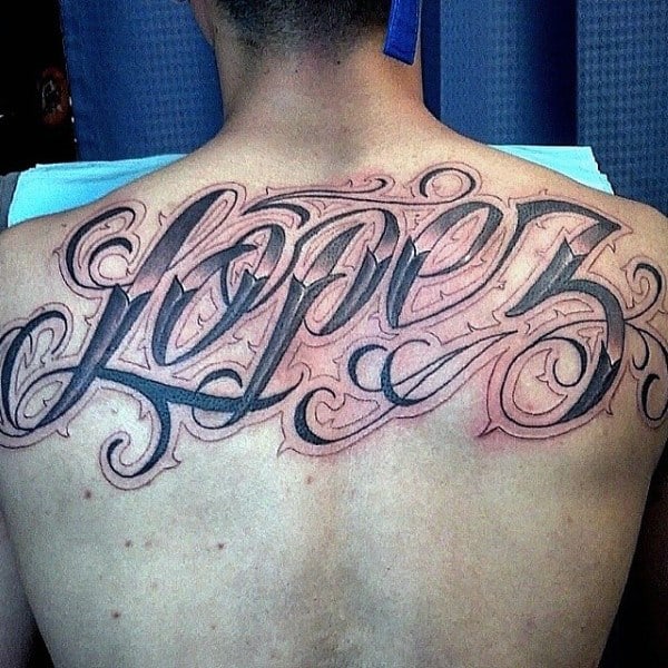 Lopez Ornate Mens Upper Back Last Name Tattoos