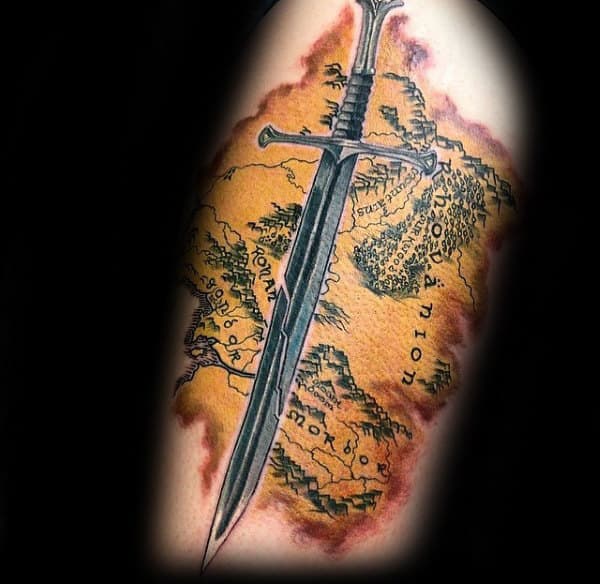 Lord Of The Rings Map And Sword Mens Arm Tattoos