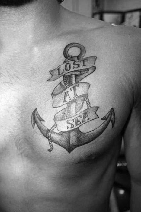 Lost At Sea Banner With Anchor Male Chest Tattoo