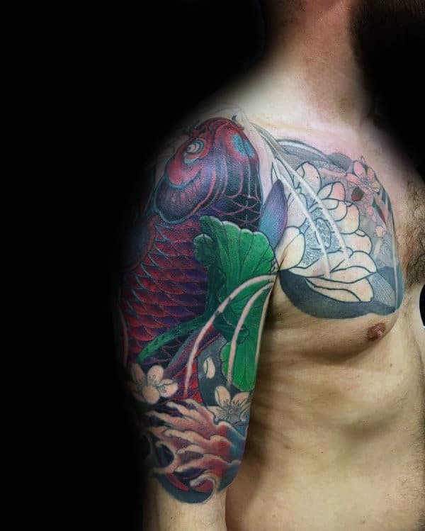 Lotus Flower Arm And Chest Tattoo On Male