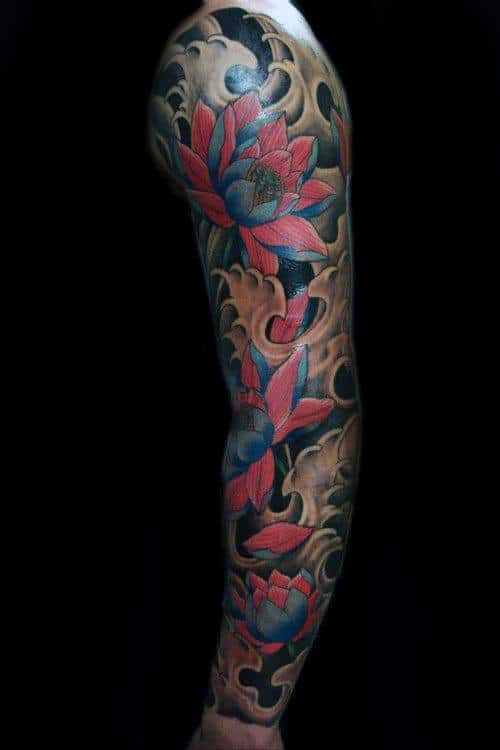 Lotus Flower Full Sleeve Tattoo On Male