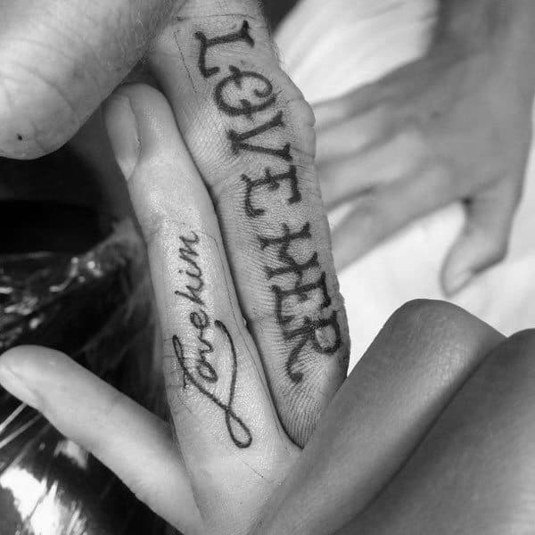 Love Her Love Him Finger Matching Couple Tattoo Designs