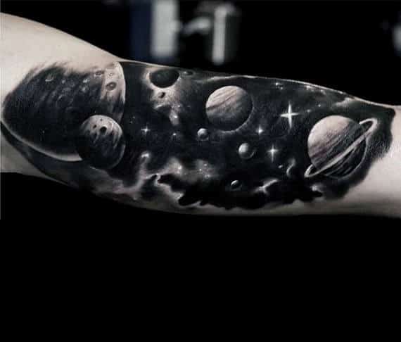 Lovely Black And White Universe Tattoo Forearms Guys