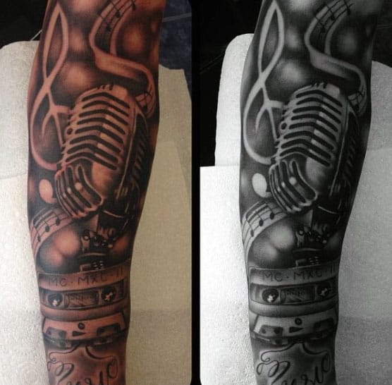 Lovely Bronze And Black Shaded Microphone Tattoo Mens Full Sleeves