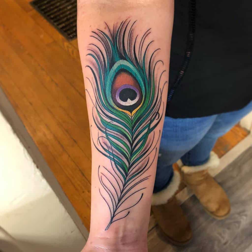 Lovely Colored Peacock Feather Tattoo