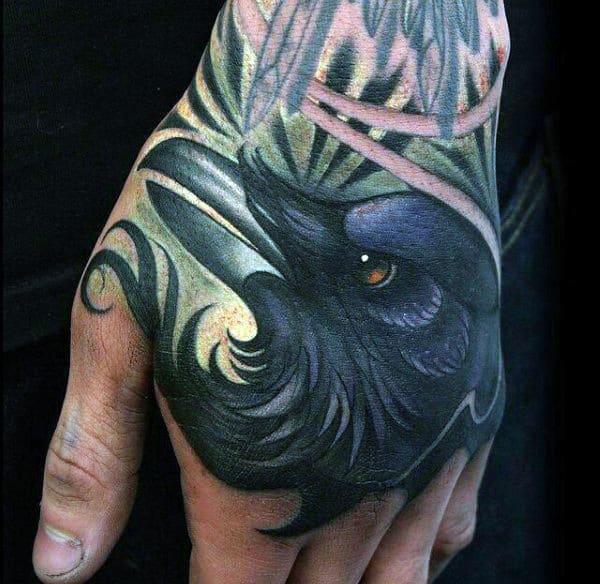 Lovely Raven Head Tattoo Mens Hands