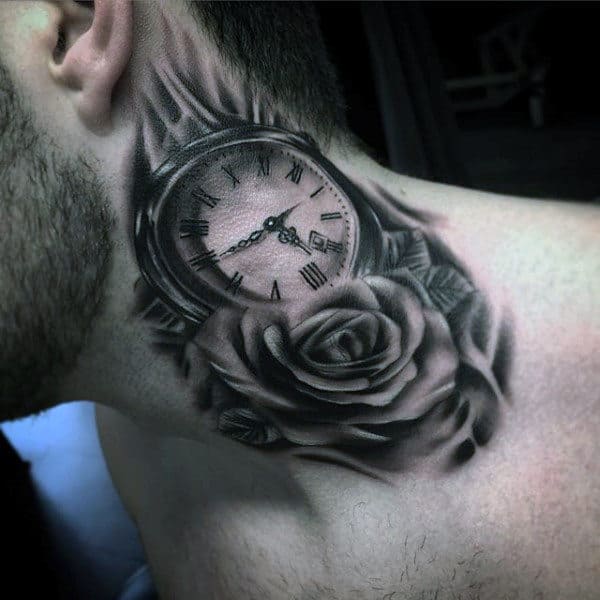 Lovely Rose And Pocket Watch Tattoo On Neck For Males
