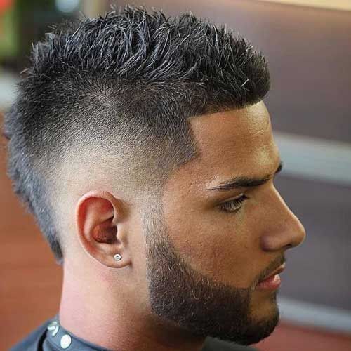 A low burst fade haircut with straight hair and clean hairline connecting the beard