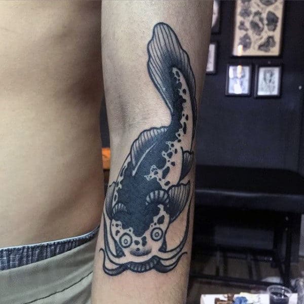 Lower Arm Male Black Ink Catfish Tattoo