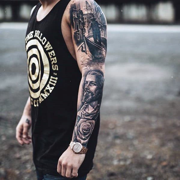 Lower Arm Male Jesus Portait Tattoo Design Ideas