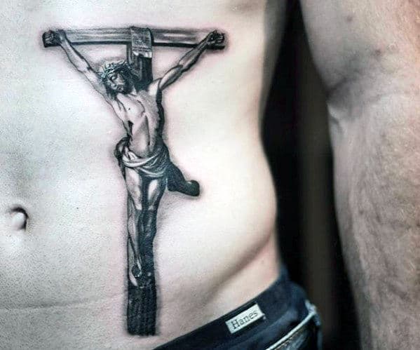 Lower Chest Male Jesus 3d Realistic Black And Grey Tattoo Design