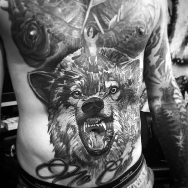 Lower Chest Wolf Male Tattoos