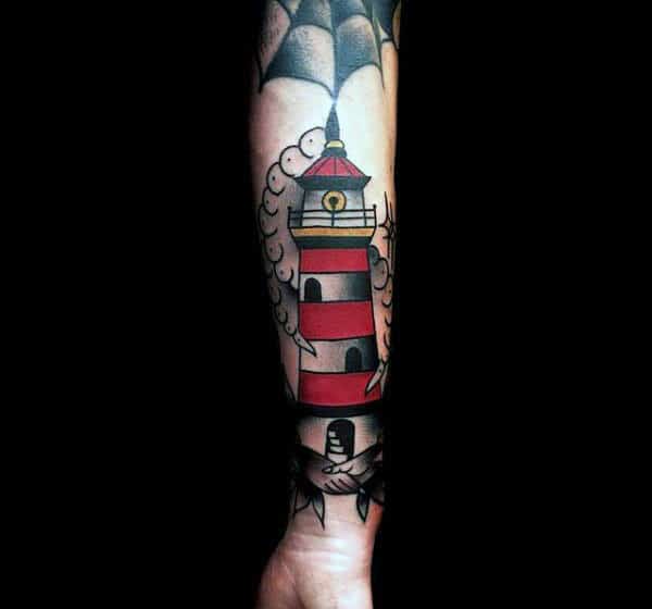 Lower Forearm Male Tattoo Design Traditional Lighthouse Ideas