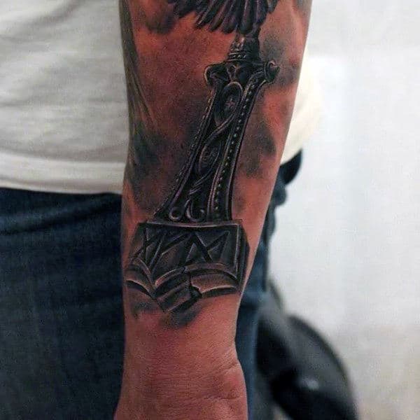 Lower Forearm Shaded Male Mjolnir Tattoos