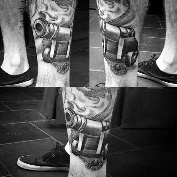 Lower Leg 3d Black And Grey Shaded Cannon Male Tattoos