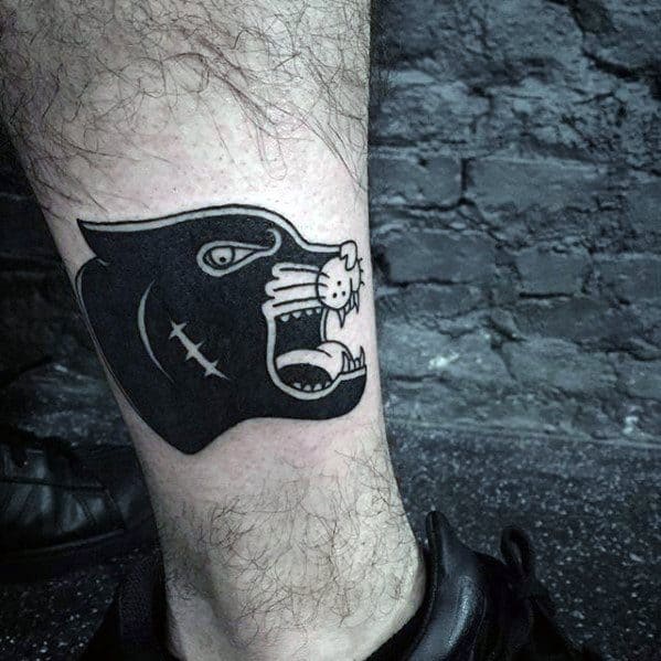 Lower Leg Black Ink Simple Traditional Panther Head Tattoo For Guys