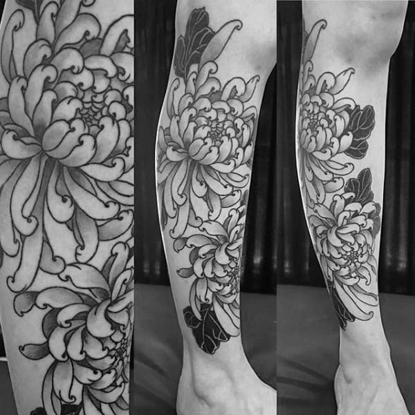 Lower Leg Chrysanthemum Flowers Male Tattoo Ideas