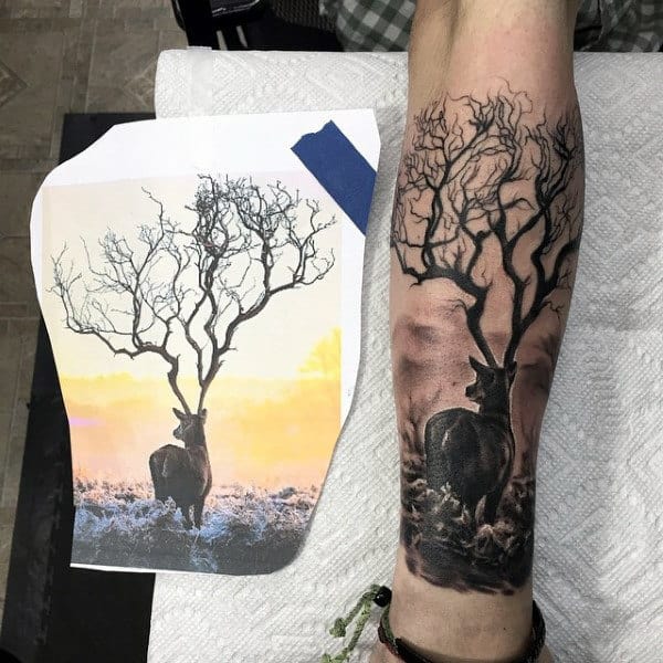 Lower Leg Deer Hunting Tattoo For Guys