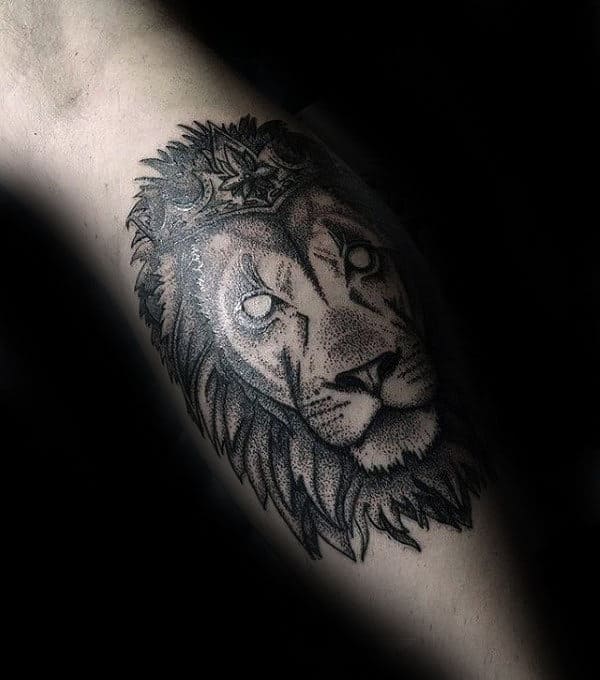 Lower Leg Dotwork Lion With Crown Mens Tattoos