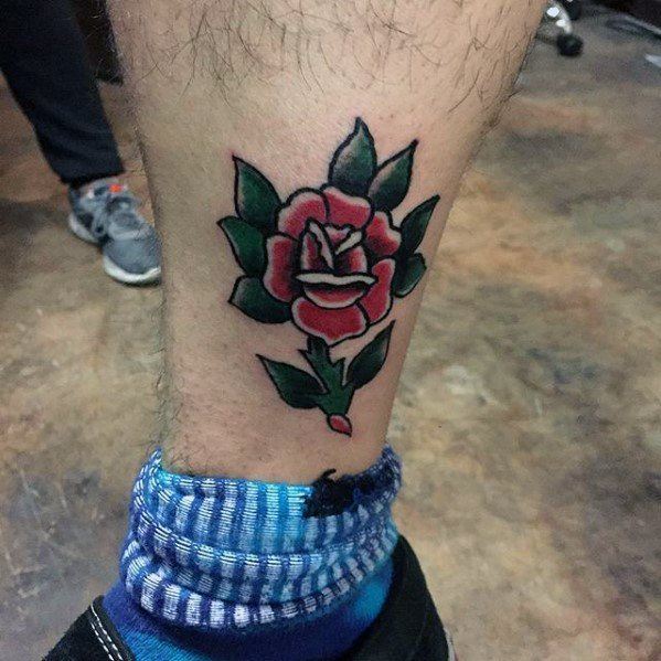 Lower Leg Guys Simple Rose Flower Traditional Tattoo Ideas