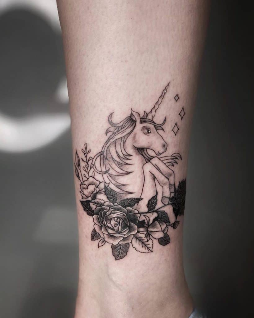 Lower Leg Heavy Shaded Rose Greyscale Half Animal Black And Gray Unicorn Tattoo