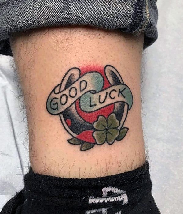 Lower Leg Horseshoe Banner Mens Good Luck Tattoo Ideas