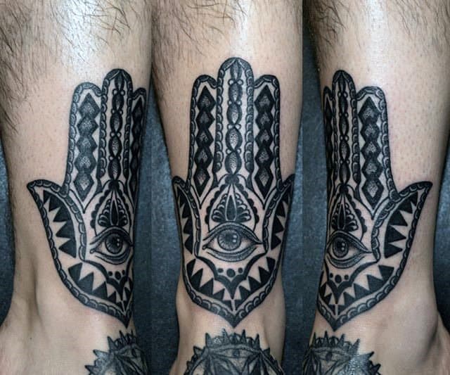 Lower Leg Male Black Ink Hamsa Tattoo Inspiration