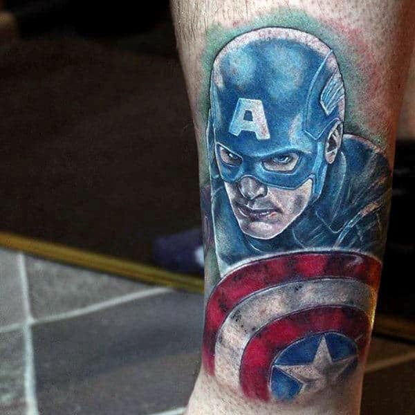 Lower Leg Mens Captain America Watercolor Tattoo Ideas
