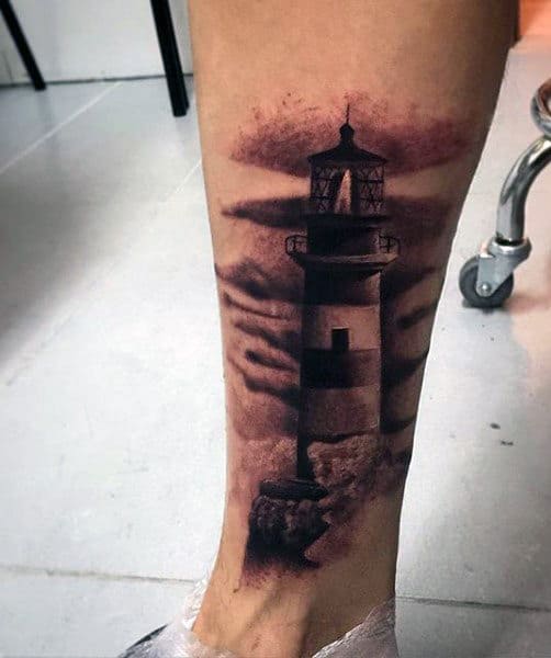 Lower Leg Mens Lighthouse Tattoo Ideas