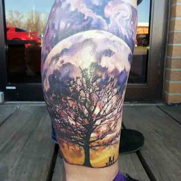 Lower Leg Sleeve Full Moon Tattoo For Men
