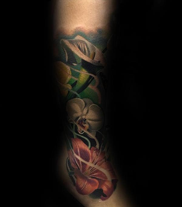 Lower Leg Sleeve Orchid Flowers Mens Tattoos
