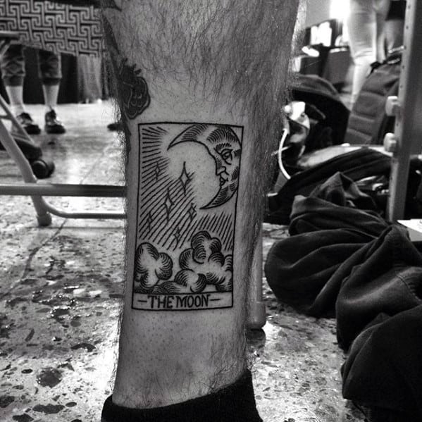 Lower Leg The Moon Card Male Tarot Tattoo Design Inspiration