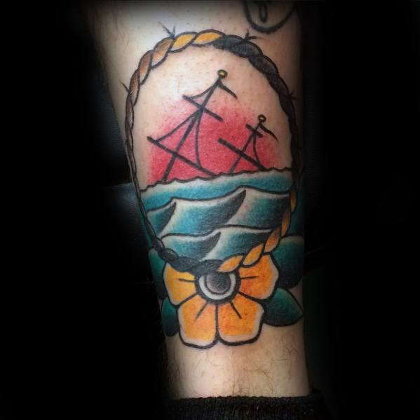 Lower Leg Traditional Old School Mens Cool Sinking Ship With Yellow Flower Tattoo Ideas