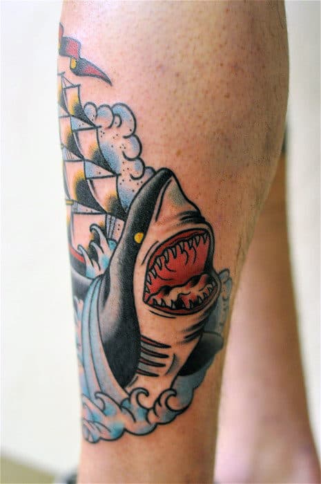 Lower Leg Traditional Old School Mens Shark Tattoo Ideas