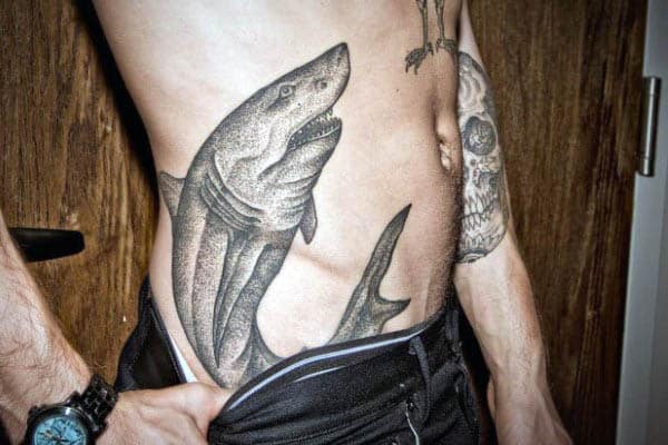 Lower Ribs Shark Tattoo Idea Inspiration For Men