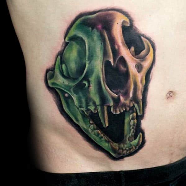 Lower Stomach Green Shaded Animal Skull Tattoos For Guys