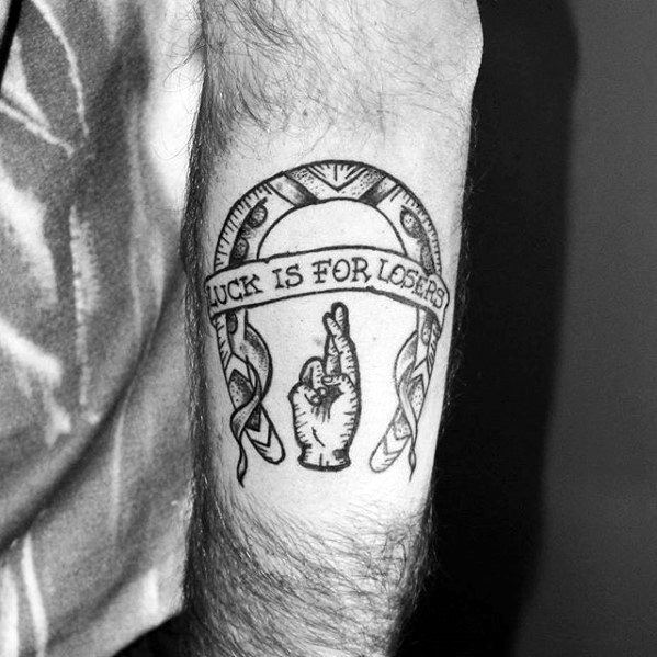 Luck Banner With Cool Traditional Horseshoe Manly Guys Leg Tattoo