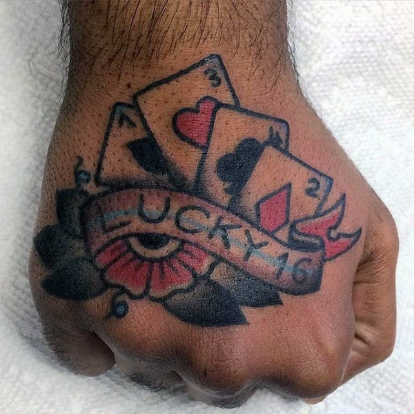 Lucky 16 Mens Playing Card Hand Tattoo