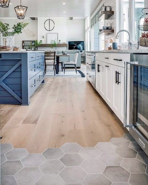 hexagon tiles and wood flooring 