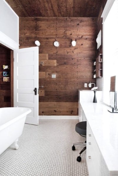 simple wood wall bathroom white vanity tub