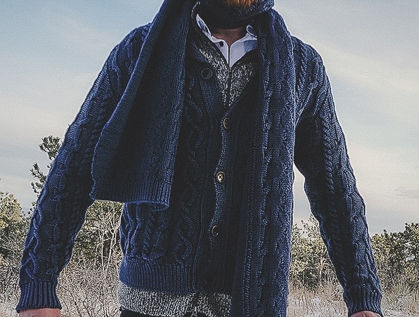 Luxury Mens Kinross Cashmere Cable Shawl Cardi With Chunky Cotton Cable Scarf