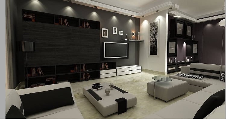 luxury living room black cabinet gray sofa tv