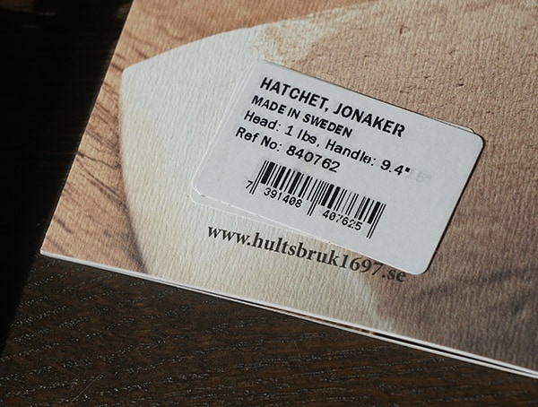 Made In Sweden Hults Bruk Jonaker Hatchet Tag